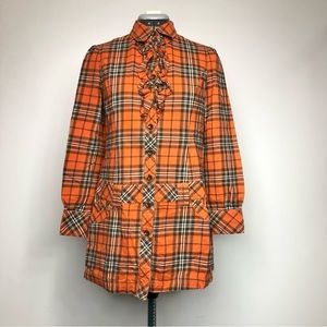E-Land Women’s Orange and Green Plaid Flannel Button Down Tunic Long Sleeve Top